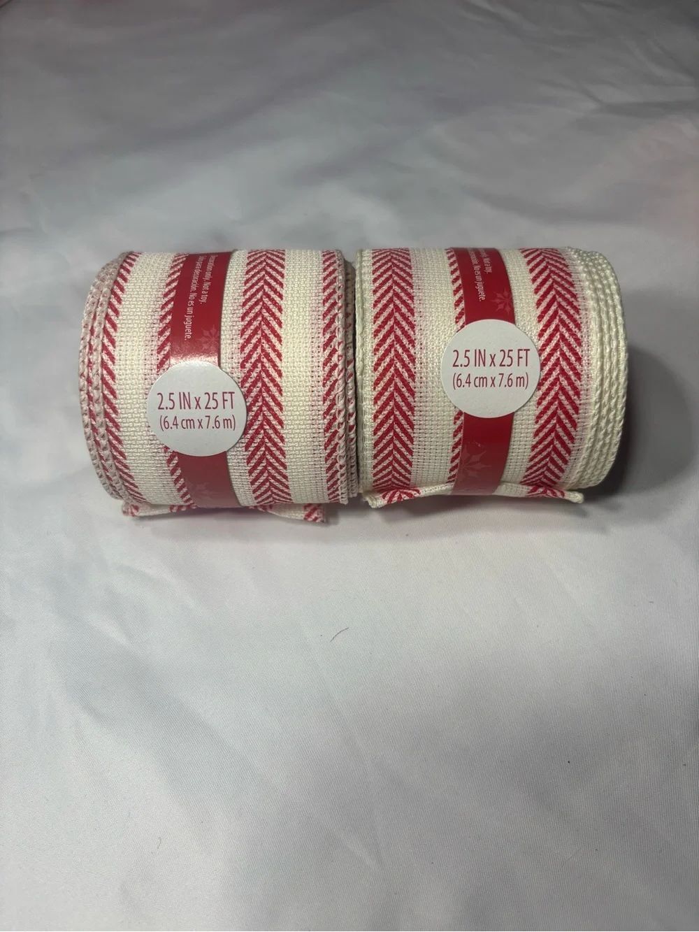 2 New Festive Red and Cream Striped Wired Ribbon - 2.5" x 25 ft (Set of 2)
